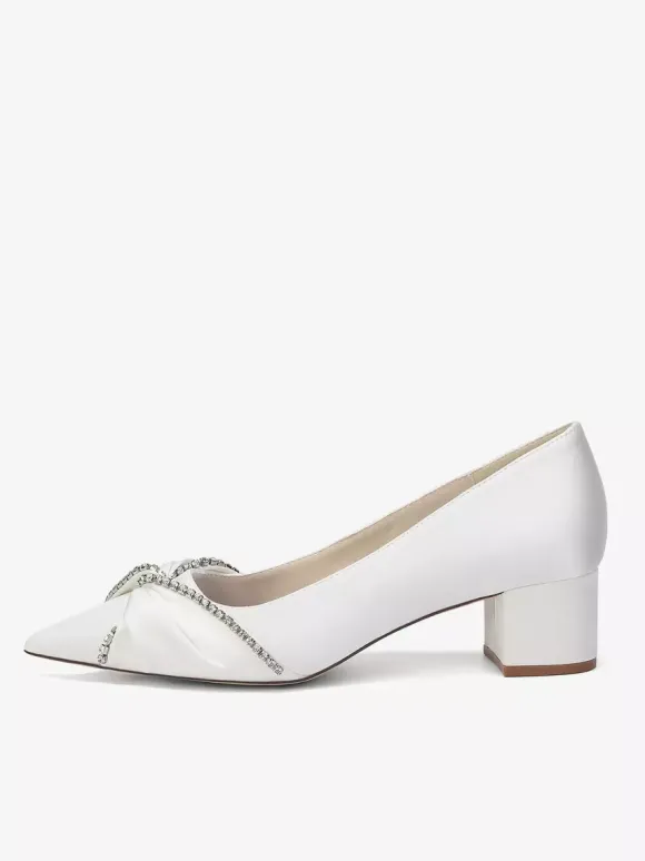 Satin Wedding Shoes Pointed Toe Rhinestones Knotted Chunky Heel Slip On Pumps