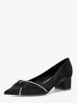 Satin Wedding Shoes Pointed Toe Rhinestones Knotted Chunky Heel Slip On Pumps