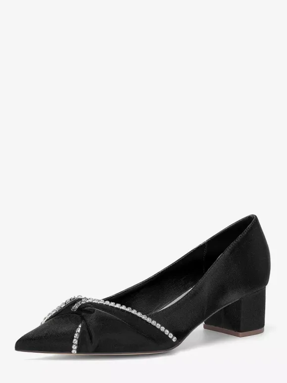 Satin Wedding Shoes Pointed Toe Rhinestones Knotted Chunky Heel Slip On Pumps
