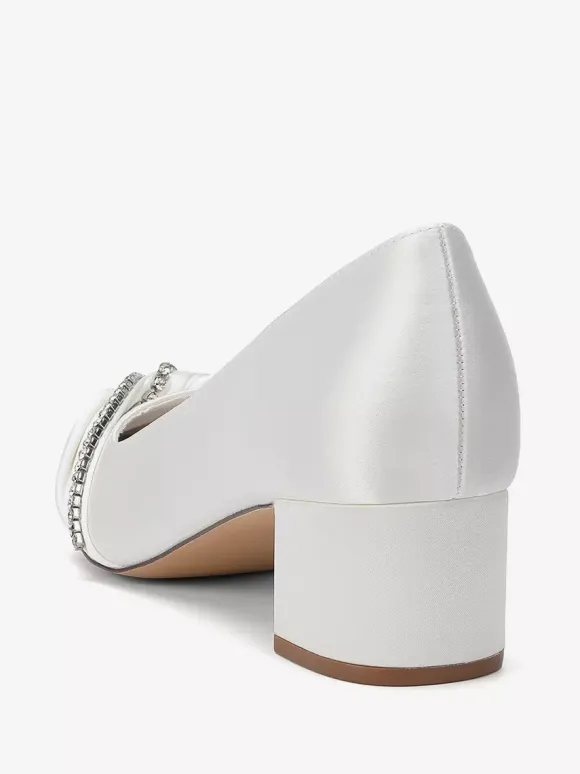 Satin Wedding Shoes Pointed Toe Rhinestones Knotted Chunky Heel Slip On Pumps