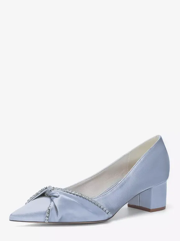 Satin Wedding Shoes Pointed Toe Rhinestones Knotted Chunky Heel Slip On Pumps