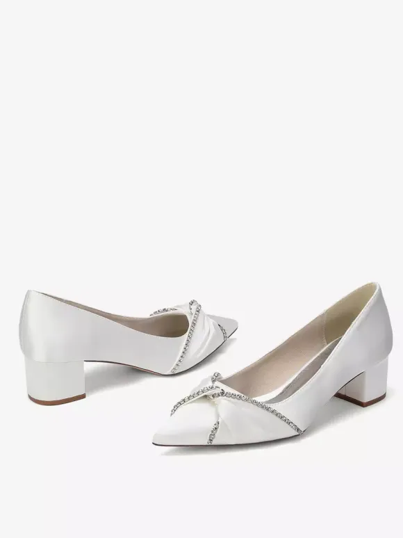 Satin Wedding Shoes Pointed Toe Rhinestones Knotted Chunky Heel Slip On Pumps