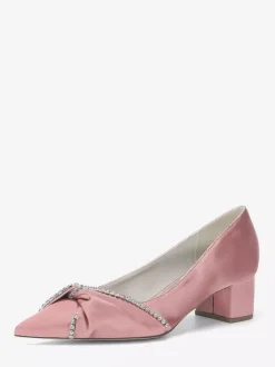 Satin Wedding Shoes Pointed Toe Rhinestones Knotted Chunky Heel Slip On Pumps