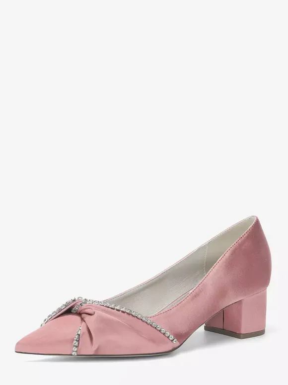 Satin Wedding Shoes Pointed Toe Rhinestones Knotted Chunky Heel Slip On Pumps