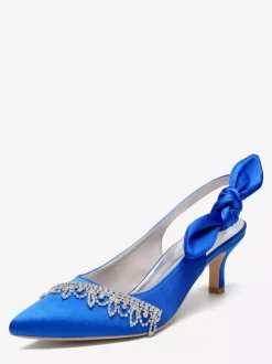 Satin Wedding Shoes Pointed Toe Rhinestones Bow Slingback Bridal Pumps