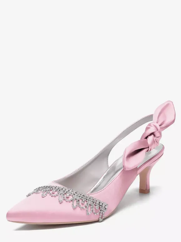 Satin Wedding Shoes Pointed Toe Rhinestones Bow Slingback Bridal Pumps