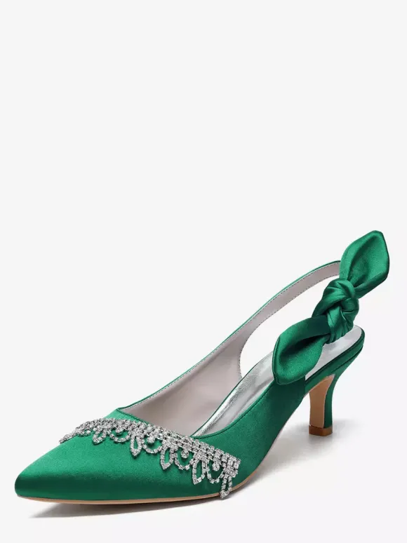 Satin Wedding Shoes Pointed Toe Rhinestones Bow Slingback Bridal Pumps