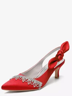 Satin Wedding Shoes Pointed Toe Rhinestones Bow Slingback Bridal Pumps