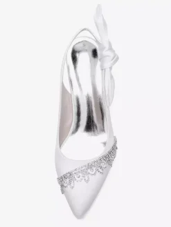 Satin Wedding Shoes Pointed Toe Rhinestones Bow Slingback Bridal Pumps