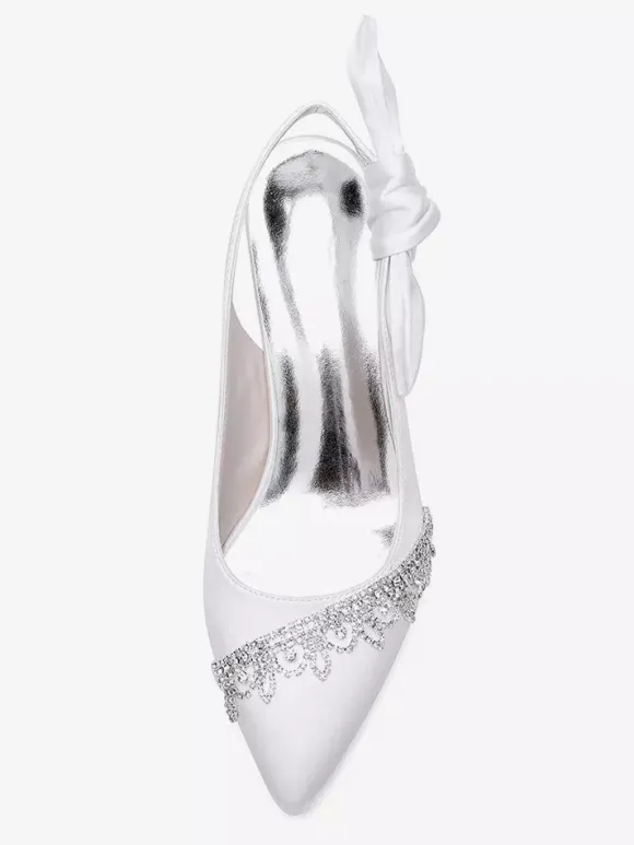 Satin Wedding Shoes Pointed Toe Rhinestones Bow Slingback Bridal Pumps
