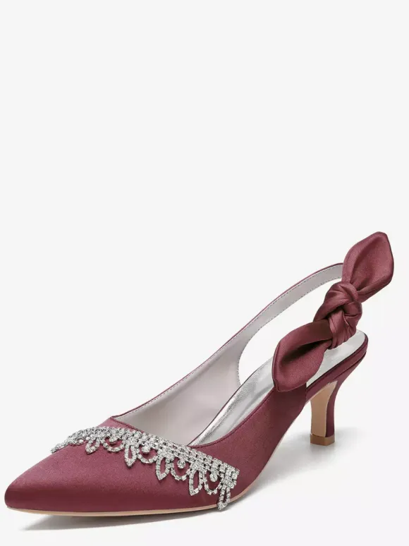 Satin Wedding Shoes Pointed Toe Rhinestones Bow Slingback Bridal Pumps