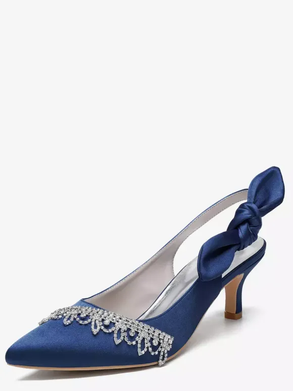 Satin Wedding Shoes Pointed Toe Rhinestones Bow Slingback Bridal Pumps