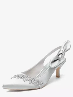 Satin Wedding Shoes Pointed Toe Rhinestones Bow Slingback Bridal Pumps