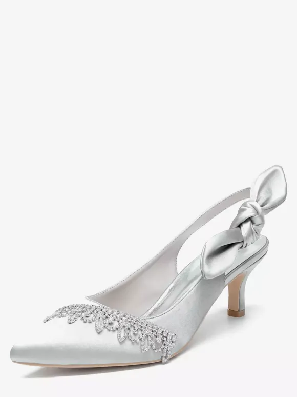Satin Wedding Shoes Pointed Toe Rhinestones Bow Slingback Bridal Pumps
