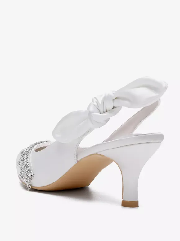 Satin Wedding Shoes Pointed Toe Rhinestones Bow Slingback Bridal Pumps
