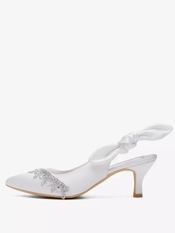 Satin Wedding Shoes Pointed Toe Rhinestones Bow Slingback Bridal Pumps