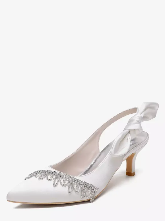 Satin Wedding Shoes Pointed Toe Rhinestones Bow Slingback Bridal Pumps