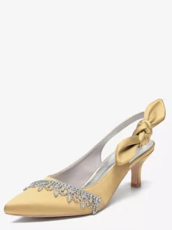 Satin Wedding Shoes Pointed Toe Rhinestones Bow Slingback Bridal Pumps