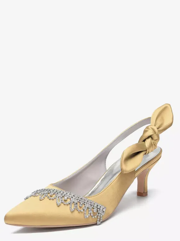 Satin Wedding Shoes Pointed Toe Rhinestones Bow Slingback Bridal Pumps