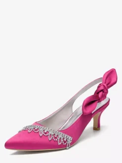 Satin Wedding Shoes Pointed Toe Rhinestones Bow Slingback Bridal Pumps