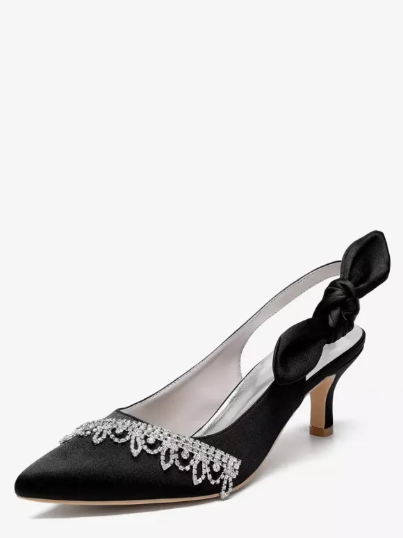 Satin Wedding Shoes Pointed Toe Rhinestones Bow Slingback Bridal Pumps