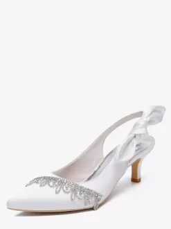 Satin Wedding Shoes Pointed Toe Rhinestones Bow Slingback Bridal Pumps