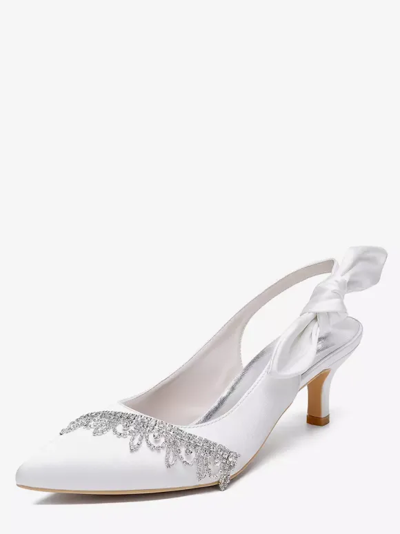 Satin Wedding Shoes Pointed Toe Rhinestones Bow Slingback Bridal Pumps