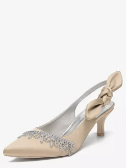 Satin Wedding Shoes Pointed Toe Rhinestones Bow Slingback Bridal Pumps