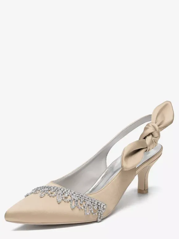 Satin Wedding Shoes Pointed Toe Rhinestones Bow Slingback Bridal Pumps