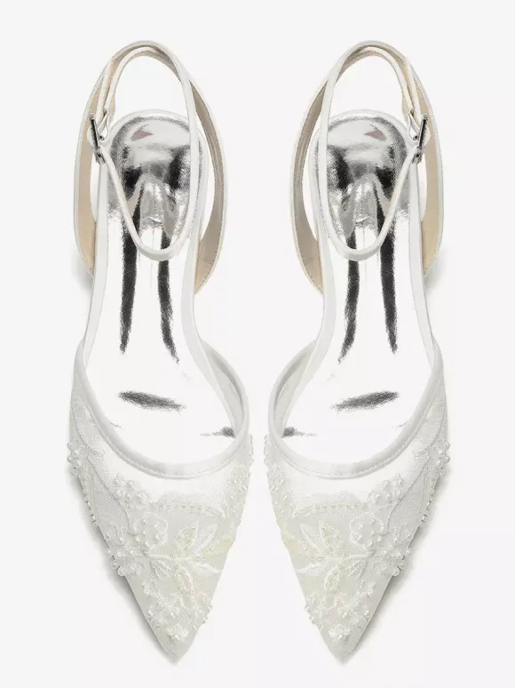 Satin Wedding Shoes White Pointed Toe Applique Flat Bridal Shoes