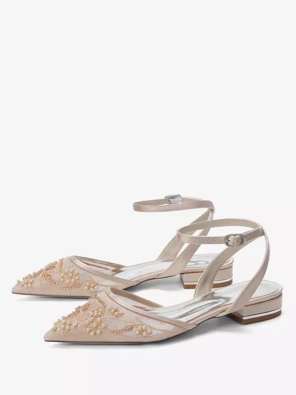 Satin Wedding Shoes White Pointed Toe Applique Flat Bridal Shoes