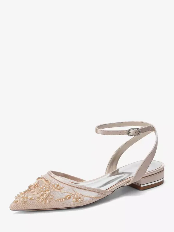 Satin Wedding Shoes White Pointed Toe Applique Flat Bridal Shoes