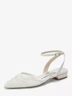Satin Wedding Shoes White Pointed Toe Applique Flat Bridal Shoes