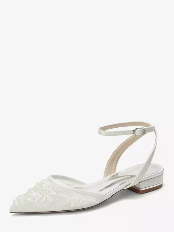 Satin Wedding Shoes White Pointed Toe Applique Flat Bridal Shoes