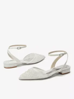 Satin Wedding Shoes White Pointed Toe Applique Flat Bridal Shoes
