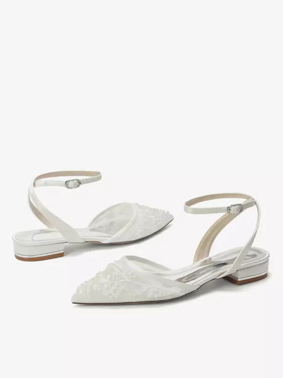 Satin Wedding Shoes White Pointed Toe Applique Flat Bridal Shoes