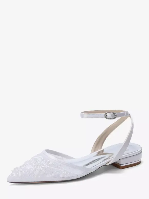 Satin Wedding Shoes White Pointed Toe Applique Flat Bridal Shoes