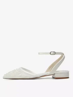 Satin Wedding Shoes White Pointed Toe Applique Flat Bridal Shoes