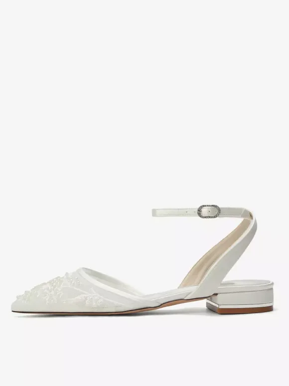 Satin Wedding Shoes White Pointed Toe Applique Flat Bridal Shoes