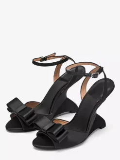 Satin Wedge Sandals Women's Black Open Toe Bow Designed Heel Sandal Shoes
