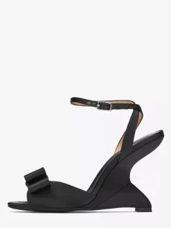 Satin Wedge Sandals Women's Black Open Toe Bow Designed Heel Sandal Shoes