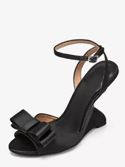 Satin Wedge Sandals Women's Black Open Toe Bow Designed Heel Sandal Shoes