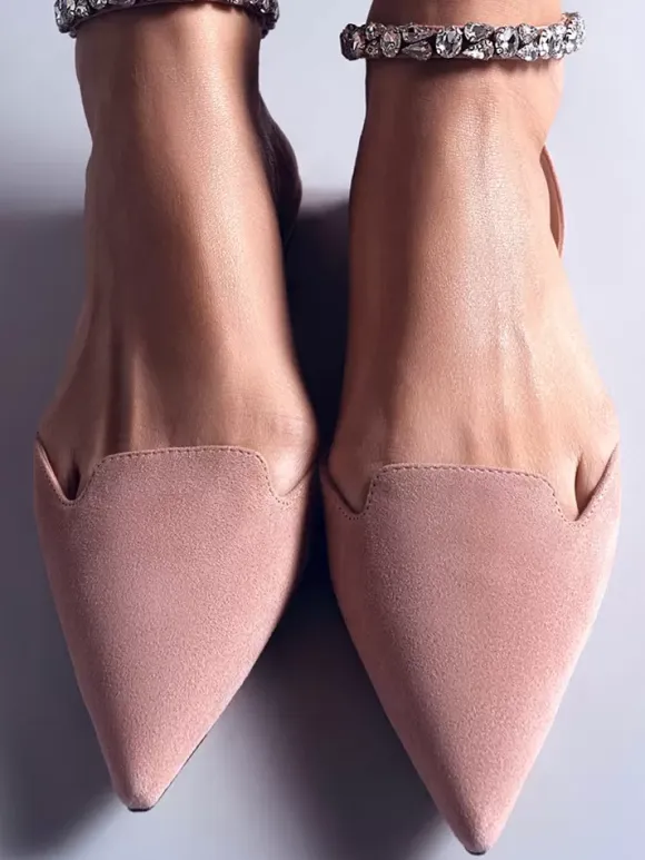 Satin Ballet Flats Women Pointed Toe Rhinestones Slingback Ankle Strap Flat Pumps