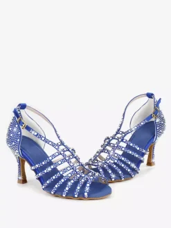 Satin Ballroom Dance Shoes Pearls Open Toe High Heel Latin Dance Shoes