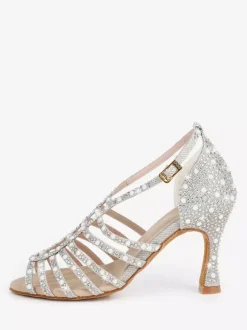 Satin Ballroom Dance Shoes Pearls Open Toe High Heel Latin Dance Shoes