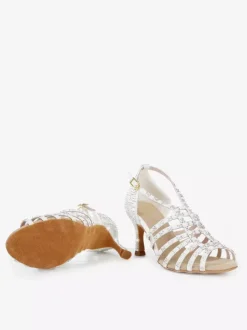 Satin Ballroom Dance Shoes Pearls Open Toe High Heel Latin Dance Shoes