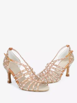 Satin Ballroom Dance Shoes Pearls Open Toe High Heel Latin Dance Shoes