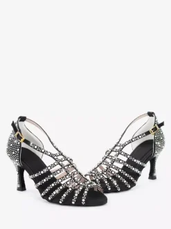 Satin Ballroom Dance Shoes Pearls Open Toe High Heel Latin Dance Shoes