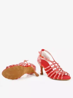 Satin Ballroom Dance Shoes Pearls Open Toe High Heel Latin Dance Shoes