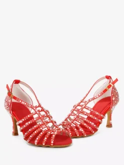 Satin Ballroom Dance Shoes Pearls Open Toe High Heel Latin Dance Shoes